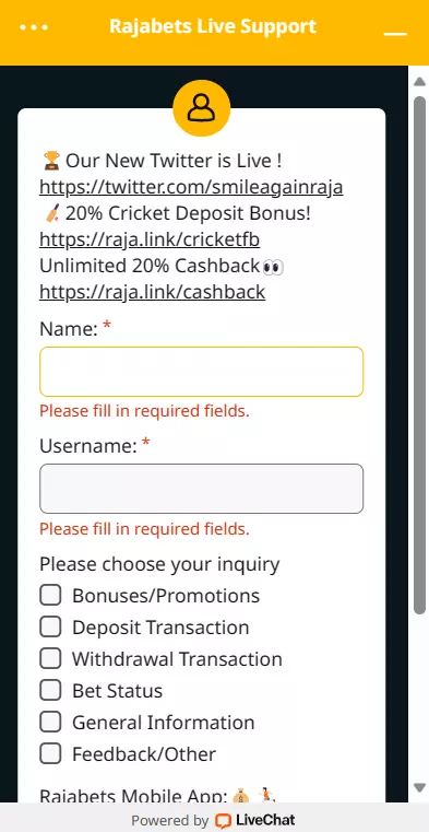 Live Chat Available On Rajabets to connects with Support Team.